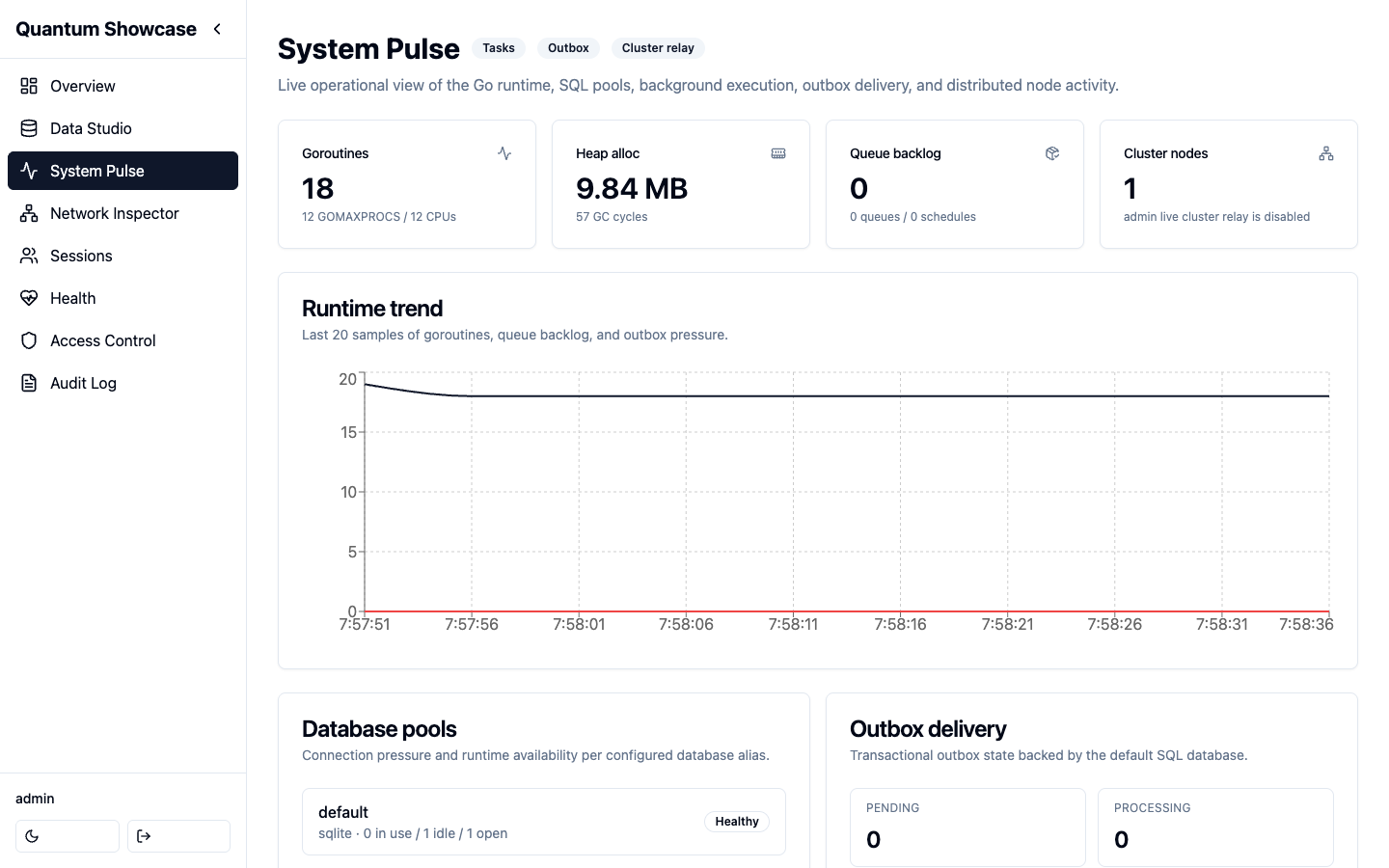 System Pulse showing live runtime metrics of the showcase application: goroutine and heap-allocation counters, a runtime trend chart, database pool health, and outbox delivery state